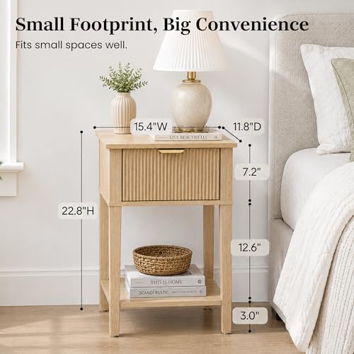 Natural Oak 15.4" Wide Small Nightstand with Drawer,Open Shelf,Fluted | Light oak tone, ribbed fluted front, 11.8-inch slim depth, concealed storage, airy fit for bedside, sofa side, or chair side - color: Natural Oak