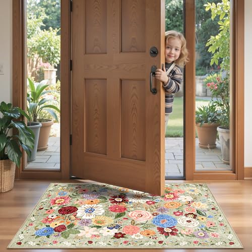 Green Floral Hallway Runner Rug 2x4 for Bedroom Kitchen | Rubber Backing; Non Slip; Soft;Machine Washable; Ideal for Bathroom, Entryway, Laundry Room - color: Green, size: 2' x 4' (Rectangular)