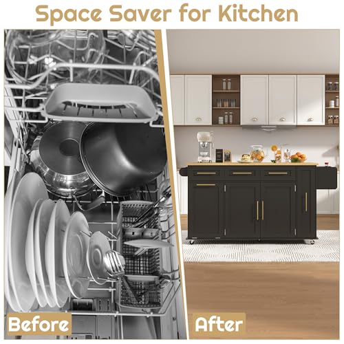 St.Mandyu 69" Large Kitchen Island on Wheels, Kitchen Rolling Island Cart with Trash Storage Cabinet, Power Outlet, 3-Tier Pull-Out Storage Trays, Drop Leaf, Mobile Island Table for Kitchen, Black - color: Black