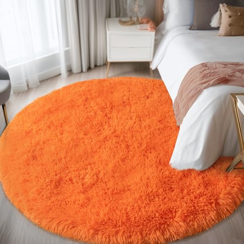 5ft Round Fluffy Rug for Bedroom Orange, Washable Non-Slip | Soft Shag Orange Circle Rug for Kids Room Dorm Living Room Home Decor, Thick Memory Sponge, Flame Resistant - color: Orange, size: 5' (Round)
