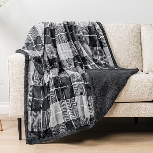 PAVILIA Plaid Sherpa Throw Blanket for Couch Sofa Bed, Dark Grey, 50x60 | GSM 460; Soft Plush Flannel Fleece; Warm&Cozy for Home; Machine Washable, Perfect Cabin Decor Winter Holiday Christmas Gift - color: Plaid Charcoal, size: 50 x 60 Inches