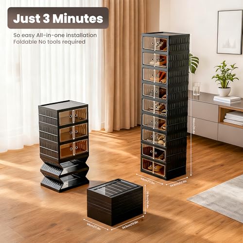 Foldable Shoe Organizer Storage Box, Portable Extra Large Folding Shoe Rack for Closet, Shoe Storage Box with Magnetic Transparent Door and Wheels, 9 Layers 18 Grids - size: Black 9 Layers-A
