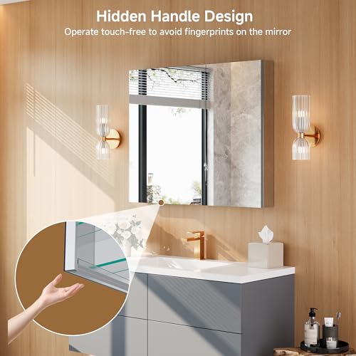 36" x 30" Bathroom Medicine Cabinet with Mirror, Recessed or Wall Mount | Medicine Cabinets with Adjustable Glass Shelves, Soft-Closed Hinge, Chrome Aluminum Frame, Reverse Installation - size: 36" x 30"