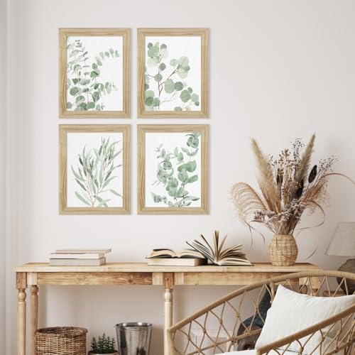 Botanical Plant Wall Art Prints: Sage Green Eucalyptus Picture Decor 4 Piece Framed Boho Leaves Poster for Bathroom Bedroom Living Room Home Decoration 8" x 10"