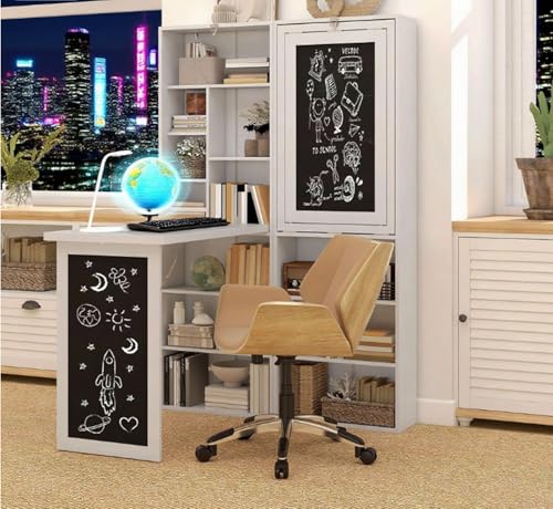 Foldable Wall Mounted Desk with Storage Shelves & Blackboard, Fold-Out Convertible Writing Table for Small Spaces | Space-Saving Floating Computer Desk for Home Office (White) - color: White