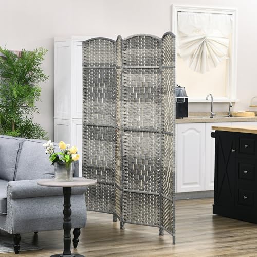Folding Room Divider, 6Ft Tall Privacy Screen, Hand-Woven Wicker Style Freestanding Wall Partition for Home Office Bedroom, No Assembly Required - color: Mixed Gray, size: 4 Panel