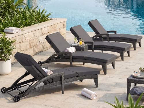 Patio Chaise Lounge Set of 2, Wicker Lounge Chairs Outdoor with Wheels, Wicker Chaise Lounges with Armrests All Weather, Solid Grey - color: Solid Grey, size: 2 pack