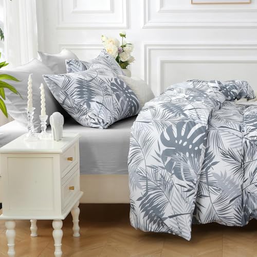 Oversized Queen Comforter Set, Black Grey Elegant Floral Print Bed in a Bag 7 Pieces, Soft & Breathable Reversible Botanical Pattern Bedding Set with Comforter, Sheets, Pillowcases, and Shams - color: Black Grey Leaves, size: Oversized Queen (98"x 98")