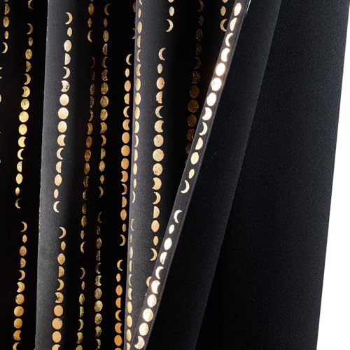jinchan Boho Blackout Curtains 63 Inch Length Moon Phase Printed Drapes | Gold on Black Farmhouse Curtain for Bedroom Living Room Back Tab Rod Pocket Drapes Room Darkening Window Treatment 2 Panels - color: Luna | Gold on Black, size: 52"W x 63"L (Pack of