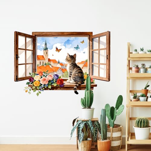 3D Window with a Cat and Flowers Wall Decals, Wall Stickers Decor | 2 Sheets 11.8"x37.8" Vinyl Removable Peel and Stick Murals, Plant Decor for Bedroom, Bathroom, Office, Classroom & Home - style: 3D Fake Window