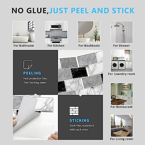 URCOLOR 10-Sheet Back Splashes for Kitchens Peel and Stick,12"x12" Self Adhesive Stick on Backsplash for Bathroom Black White Grey Marble Look - color: Black White Grey