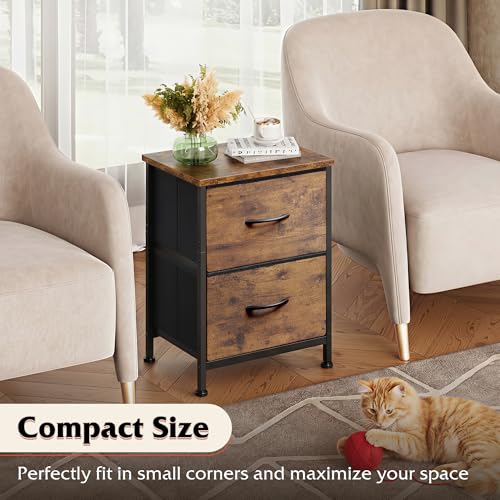 WLIVE Night Stand, Small Dresser with 2 Drawers & Wooden Top, Nightstand with Fabric Bins, Bedside Table End Table for Bedroom, Closet, Entryway, College Dorm, Rustic Brown | Nightstand with Fabric Bins, Bedside Table End Table for Bedroom, Kids Room - co