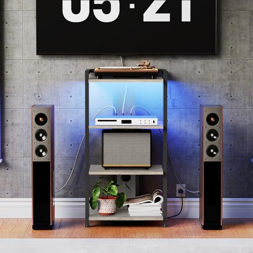 HOOBRO 4-Tier AV Media Stand, Media Console with Charging Station and LED Light, Wooden Stereo Cabinet, Corner TV Stand, Record Player, Entertainment Device Stand, BG38UDCJ01 - color: Greige + Black, size: 16.5"L x 10.6"W x 31.8"H