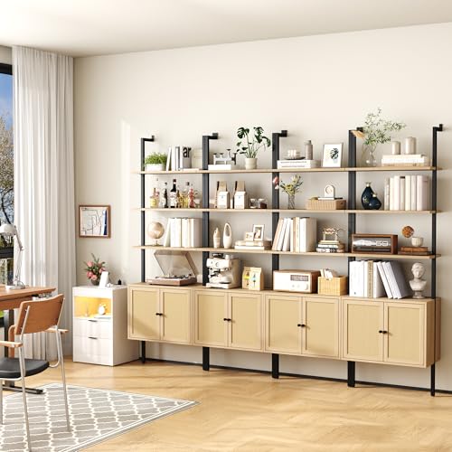 Yusong 73" Tall Bookshelf with Cabinet, Industrial Ladder Wall Mount Shelf Rattan Bookcase with Wood and Metal Frame, Plant Shelf Wall Storage Display for Living Room Bedroom,Light Ivory Brown - color: Light Brown