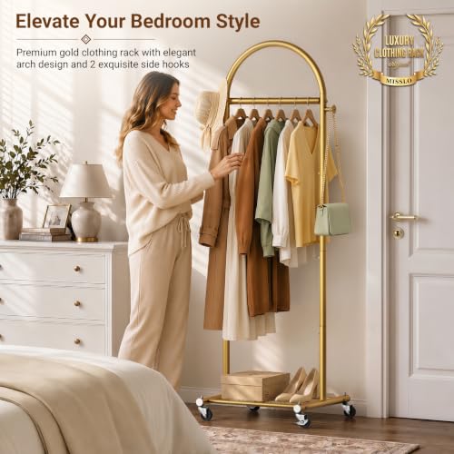 MISSLO 18" Small Clothes Racks for Hanging Clothes Arched Shape Gold Clothing Rack with Wheels 70" Metal Rolling Garment Rack with Shelves for Small Space, Bedroom, Laundry, Gold - color: Gold