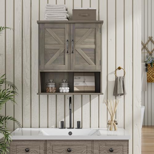 Bathroom Wall Cabinet with Barn Doors, Wall Mounted Bathroom Storage Cabinet, Farmhouse Style, Adjustable Shelf, Wall Mounted, Grey - color: Grey, size: Small Bathroom Cabinet