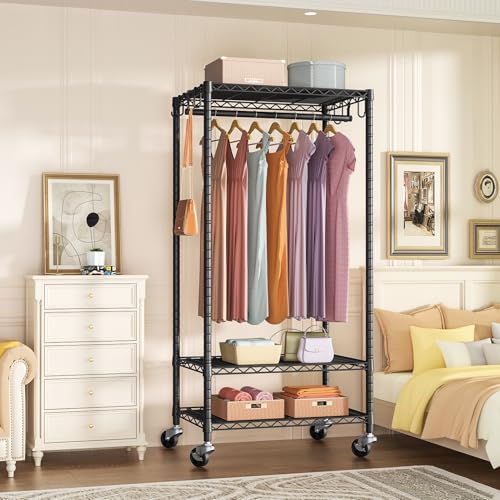 Rolling Clothes Rack, Clothing Racks for Hanging Clothes, Black | P6 Medium Heavy Duty Garment Rack with Wheels, Freestanding Portable Closet Rack with Shelves, 30 In Wide, Max Load 370 LBS - color: Black, size: P6 Medium
