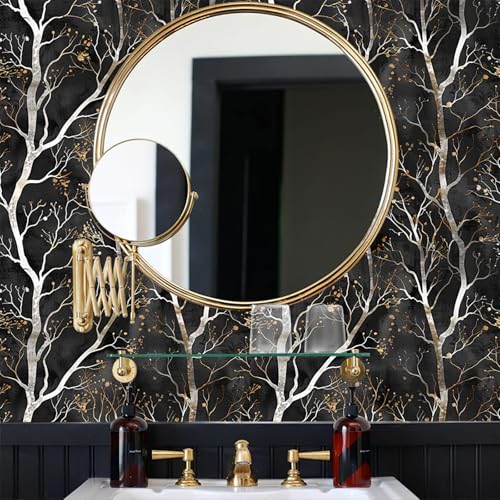 Luxurious Minimalist Metallic Bare Tree Branch Golden Floral Buds Peel and Stick Wallpaper Easy Peel Off Contact Paper Stick on Adhesive Wall Paper for Bathroom Waterproof Renter 17.71"x236.2" - color: LD-144b, size: 17.7" x 236"