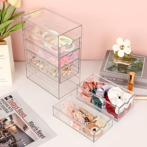 Hipiwe 5-Drawers Plastic Storage Organizer Clear Hair Accessories Organizer | Large Capacity Drawers Box for Bathroom, Dresser, Cosmetic Hair Tie Container for Women - size: 5-Drawers, 6.9"Lx4.1"Wx9.8"H