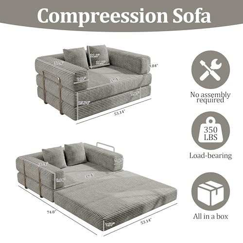 BSHOMGI 4 in 1 Convertible Sofas Boneless Couches with 2 Pillow, Modern Corduroy Futon Bed, Modular Sofa with Pull-Out Bed, LoveSeat for Living Room, Small Space Apartment 53.15" Double Sofa - color: Light Gray, size: 53.15"Double Sofa