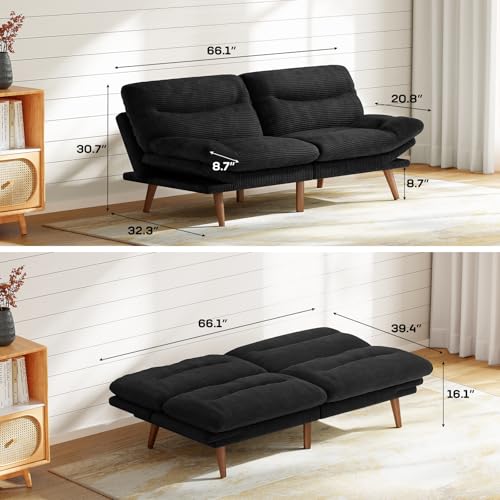 Marsail Futon Sofa Bed, 66” Futon Couch with Adjustable Backrest & Armrests, Convertible Small Sleeper Sofa Bed for Small Apartments, Study Room, Office, Corduroy Loveseat, Black