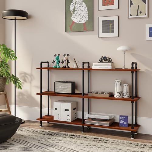 Industrial Bookshelf, Pipe Shelf Bookcase, 3 Tier, 60" Walnut | Solid pine shelves, 60 inch wide, black pipe frame, 70 lbs per shelf, open bookcase for books, plants, office - color: Walnut Brown, size: 60"L × 39"H