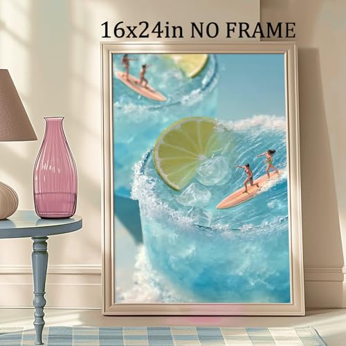 Trendy Cocktail Wall Art Cute Summer Paintings Blue Sea Picture Surfing Girl Poster Lemon Cocktail Art Ocean Wave Artwork Preppy Aesthetic Pictures Coastal Cowgirl Poster for Bedroom 16x24in Frameless - color: H1Unframed