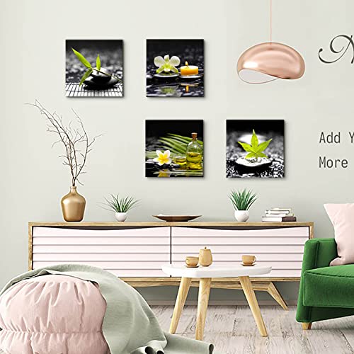 Yxbhhym-Black Art Zen Canvas Wall Art Meditation Wall Picture Green Poster Stone photo prints Massage Painting bathroom pictures for wall Living Room Wall Decor Bedroom Decorations Framed - color: Aze4B, size: 12"L x 12"W x 4 pcs