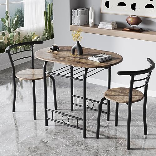JUMMICO 3-Piece Wooden Round Table & Chair Set, Kitchen Breakfast Nook | Space Saving, Wood Grain Tabletop with Metal Frame and Built-in Wine Rack for Kitchen, Dining Room (Walnut/Black) - color: Walnut/Black
