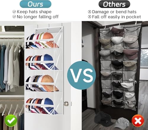 AOODA Clear Over the Door Hat Racks for Baseball Caps, Hold 48 Caps Hat Storage Organizer for Closet Wall, Deep Pockets Hanging Snapback Holder Shelves with 3 Hooks, White - color: White, size: 36.2"