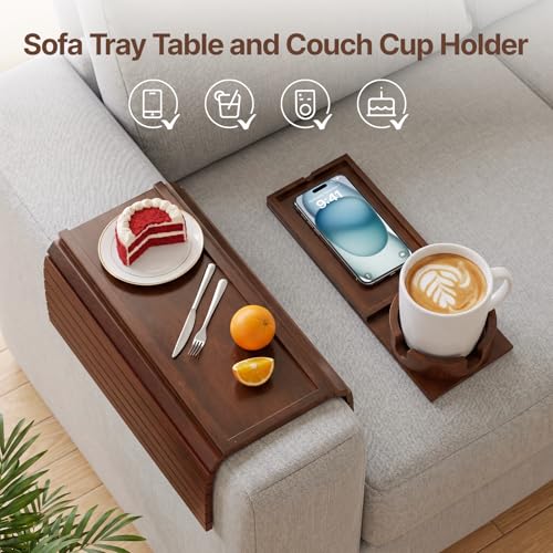 Bamboo Sofa Armrest Tray, Foldable Couch Arm Tray Side Table, 2 in 1 Anti-Falling Armrest Tables Cup Holder for Snacks, Drinks, Beers, Phone, Control, Flexible and Portable, Anti-Slip, (Brown) - color: Brown