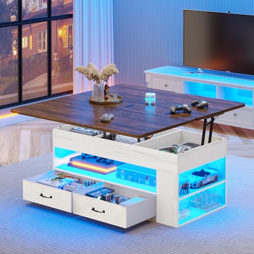 Itaar Lift Top Coffee Table, 4 in 1 Coffee Tables with Storage and Hidden Compartment, Farmhouse Coffee Table with 2 Fabric Drawers & LED Light for Living Room, White - color: White