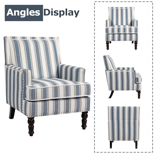Accent Chair, Comfy Cozy Modern Mid-Century Accent Chairs | Linen Upholstered Lounge Arm chair with Solid Wood Reading Side Padded Single for Living Room/Balcony/Bedroom-Blue Stripe - color: Sackcloth-blue Stripe(s001)