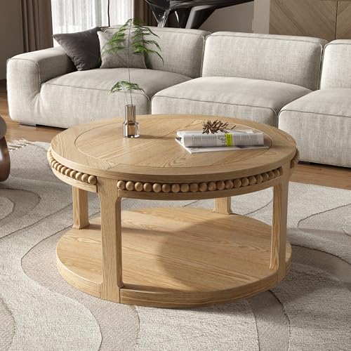 31.5" Round Wood Coffee Table, 2 Tier Modern Center Table,Solid Wood+MDF, Easy Assembly, Accent Table for Living Room, Apartment, Small Space. (Natural Wood) - color: Natural-m