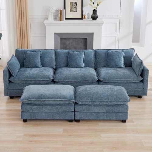 111'' Sectional Cloud Deep Seat Couch, Oversized Chenille U Shaped Sectional Sofa for Living Room Set, Comfy Upholstered Modular 5-Seats Sectional Sofa Couch with 2 Movable Ottoman, Blue - color: Blue, size: 111'' U Shape