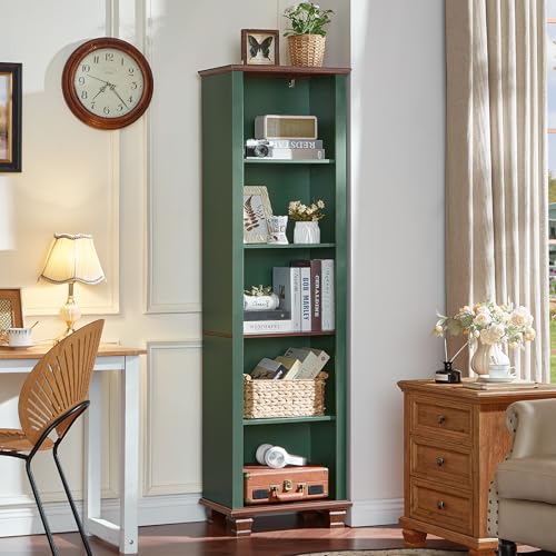 19.7" Wide Narrow Book Shelf, 5-tire Skinny Bookshelf with Adjustable Shelves & Solid Wood Legs, Farmhouse Freestanding Bookcase w/Storage, Tall Wood Book Case for Office,Living Room, Green - color: Green