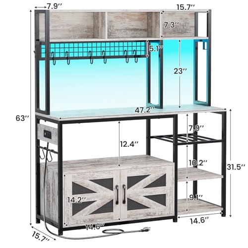 Itaar 47.2 Inch Bakers Rack with Power Outlet, Microwave Stand with Storage, Farmhouse Coffee Bar Cabinet Station with Wine Rack, Iron Mesh and 8-S Hooks, Vintage White - color: Vintage White