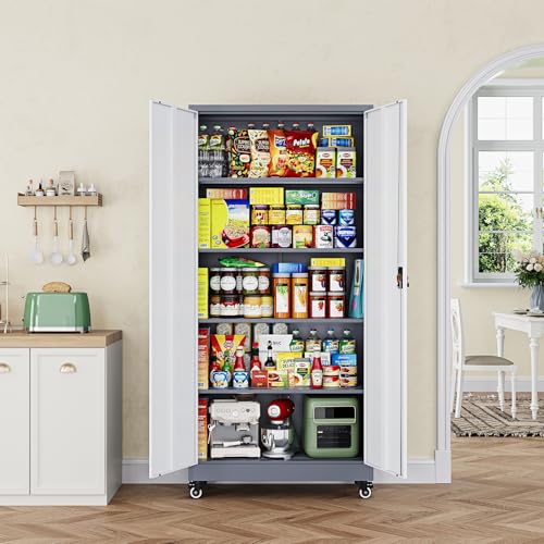 Metal Garage Storage Cabinets with Lock Door and Adjustable Shelves, Steel Tool Cabinets for Home,Office,Warehouse Organisieren (Grey White, 75" H) - color: Grey White, size: 16"D x 32"W x 74.41"H