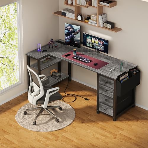 Lufeiya L Shaped Gaming Desk with Drawers & Storage Shelves, 55 Inch Corner Computer Desk with Power Outlet for Home Office Bedroom, L-Shaped Teen PC Desks with Fabric Drawer, Gray - color: Grey, size: 55.1"