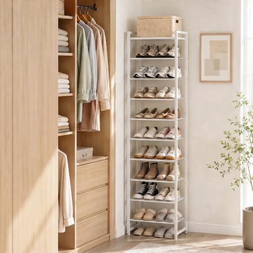 Narrow Shoe Rack 10-Tier, Tall Shoe Organizer for Small Spaces | White, Holds Up to 22 Pairs, for Closets, Entryways, Garage, Dorm Rooms, Reinforced Wire Shelves, Wood Top - color: White, size: 10 Tier