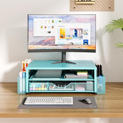 Desk Organizer and Accessories, 2-Tier Computer Monitor Stand Riser with Drawer and 2 Pen Holders, Laptop Stand, Office Desk Accessories for Office Supplies, 1 Pack, Teal Blue - color: Teal Blue, size: 2-Tier