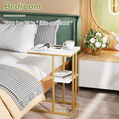 C Shaped End Table, Couch Side Table that Slide Under | TV Trays for Eating on Couch, Narrow Sofa Tables for Small Space Living Room, Bedroom, White + Gold - color: White Marble+gold