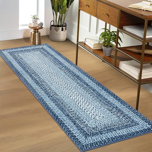 Braided Print Runner Rug 2x8 Machine Washable Hallway Runner Rugs | Entryway Long Throw Carpet Non Slip Kitchen Mat Living Room Rustic Carpet for Bedroom Dining Room, Blue - color: Blue, size: 2' x 8' (Runner)
