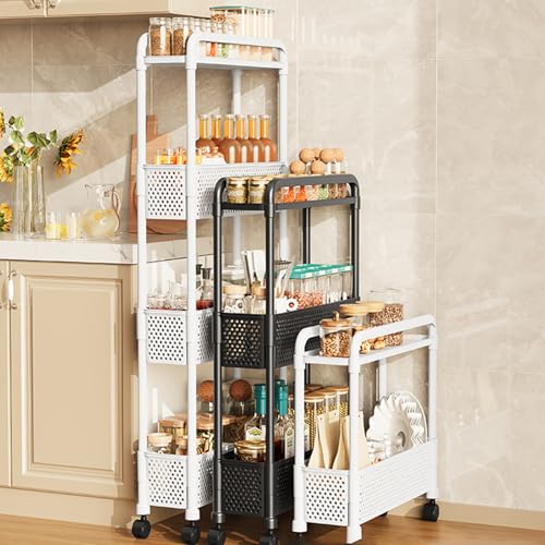 Slim Rolling Storage Cart for Small Space, 4 Tier White Utility Cart Shelves Organizer, Plastic Storage Cart on Wheels for Kitchen, Office, Bathroom, Laundry Room and Narrow Places