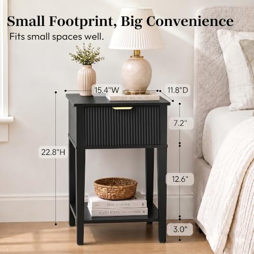 Black 15.4" Wide Small Nightstand with Drawer,Open Shelf,Fluted | Black wood-grain finish, fluted drawer front with gold handle, 11.8-inch slim depth, designer-inspired bedside storage - color: Black