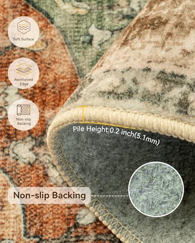 RELEANY Washable Vacuum-Friendly Area Rugs 2'x3' Brick/Brown/Green | Low Pile Stain-Resistant, Soft Non-Slip, Floral Vintage Distress Print Pattern Medallion, for Living Room Bedroom Hallway - color: Brick/Brown/Green, size: 2' x 3' (Rectangular)