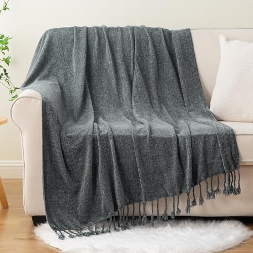 BATTILO HOME Dark Gray Chenille Throw Blanket for Couch, Soft Cozy Textured Knit Throw Blanket with Handmade Fringe Tassels, Lightweight Decorative Farmhouse Blanket for Sofa Bed Chair, 50"x60" | Soft Chenille Knit with Handmade Fringe Tassels, Lightweigh