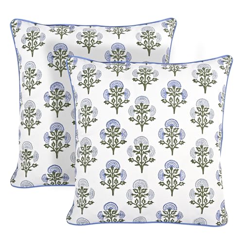Block Print Mughal Buta Blue Pillow Cover 16" x 16" (Pack of 2) Decorative Couch Pillows for Living Room, Farmhouse Chic Boho Cute Outdoor Pillows Covers Gifts for Spring, Mother's Day - color: Mughal Buta Blue, size: 16" x 16" (Pack of 2)