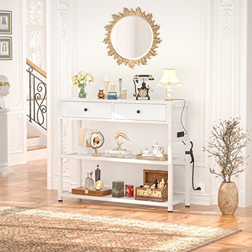 Ecoprsio Entryway Table with Outlets and USB Ports, Console Table with 2 Drawers, Small Sofa Table with Storage Shelves for Living Room, Couch, Hallway, Foyer, Kitchen Counter, 32'', White - color: White, size: 32-In