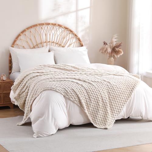 Cream Fleece Throw Blanket 60”×80” for Couch Sofa Bed Super Soft Cozy Plush Microfiber Flannel Blanket with 3D Jacquard Decorative Lightweight for Mom Woman - color: Cream, size: 60×80inch
